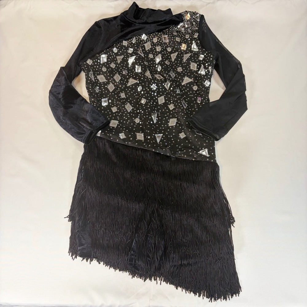 Weissman Black Sequin Mirror Fringe Dance Costume Mock Neck Long Sleeve SA 16297